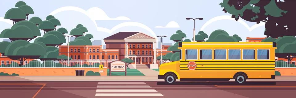 School building empty front yard with green trees road crosswalk and school bus Stock Illustration