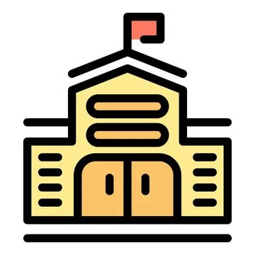 School building facade with flag waving on roof, education icon Ilustración de archivo