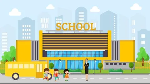 School building facade vector illustration. Yellow school bus brought children Ilustración de archivo