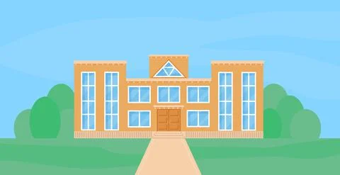 School building flat cartoon vector illustration. Front view. Stock Illustration