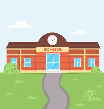 School building with green yard Ilustración de archivo