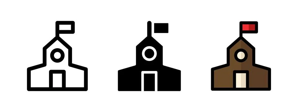 School building icon. Castle with flag symbol. Brow tower with red banner v.. Stock Illustration