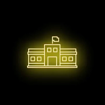 School building icon glowing yellow neon outline Stock Illustration