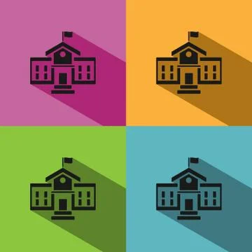 School building icon with shadow on colored backgrounds Stock Illustration