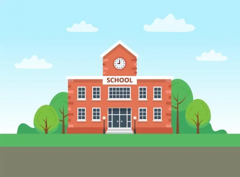 School building with landscape. Vector illustration in flat style Stock Illustration