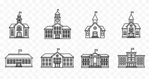 School building line icons in a set of eight different architectural styles Stock Illustration