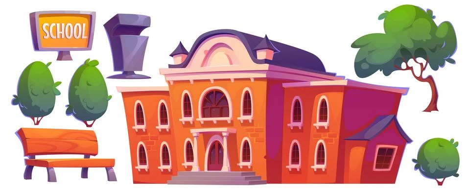 School building outside with yard elements. Stock Illustration