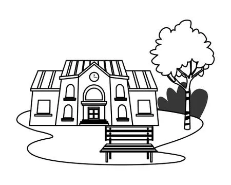 School building in park with bench in black and white Ilustración de archivo