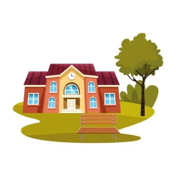 School building in park with bench Ilustración de archivo