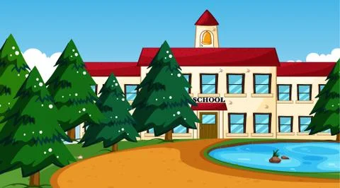 School building with pond scene Ilustración de archivo