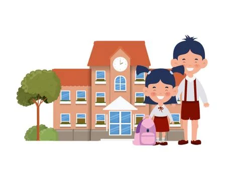 School building of primary with students Ilustración de archivo