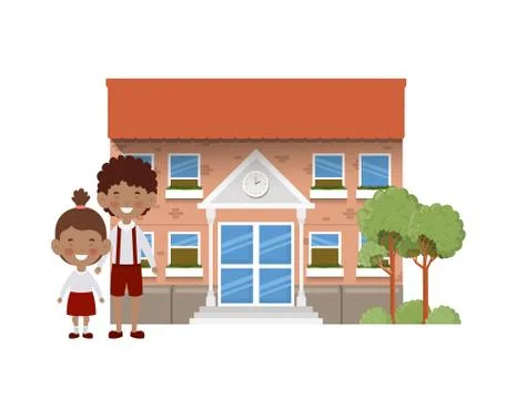 School building of primary with students Ilustración de archivo