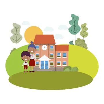 School building of primary with students Ilustración de archivo