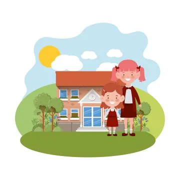 School building of primary with students Ilustración de archivo