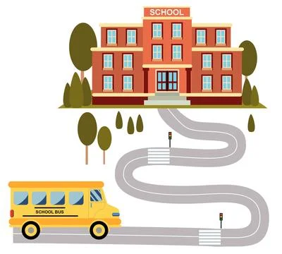 School Building with School Bus Back to School Stock Illustration