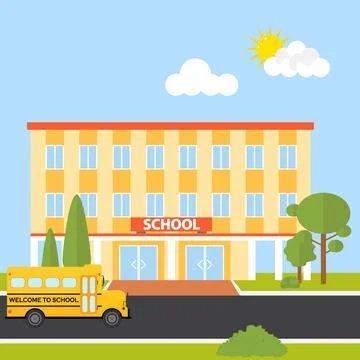 School building with school bus Ilustración de archivo