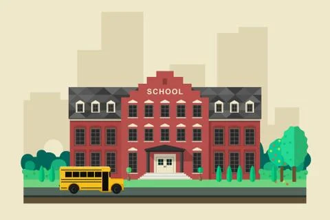 School building with yellow bus Stock Illustration