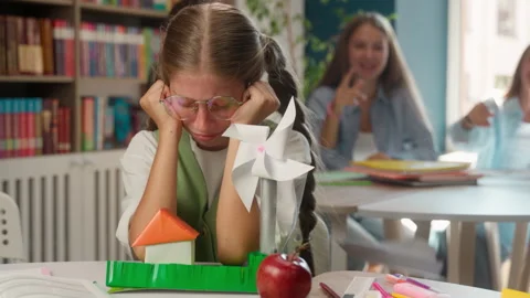 School bullying problem crying suffering Caucasian girl child kid in art craft Vídeos de archivo 315763250