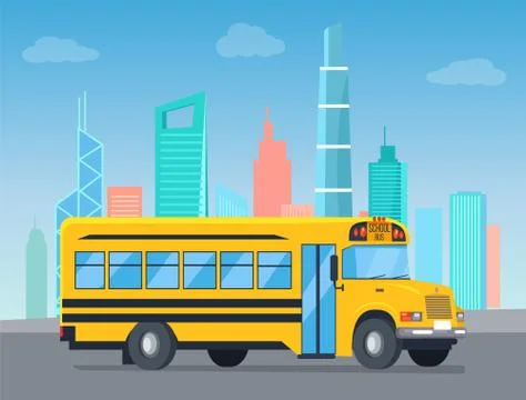 School Bus and Cityscape, Vector Illustration Ilustración de archivo