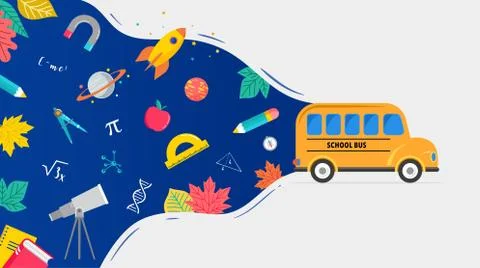 School bus, back to school concept illustration with icons of supplies and books Stock Illustration