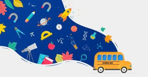 School bus, back to school concept illustration with icons of supplies and books Stock Illustration