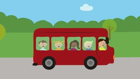 School bus with children driving in nature. Animation with flat design. Stock Footage