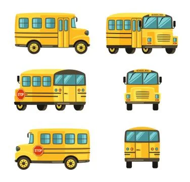 School bus from different angles. Yellow vehicle for transporting elementary Stock Illustration