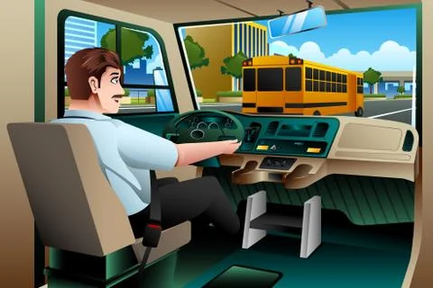 School Bus Driver Driving a Bus Stock Illustration