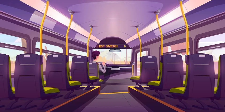 School bus with driver, empty transport interior Illustration