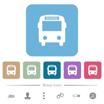School bus with driver flat icons on color rounded square backgrounds Stock Illustration