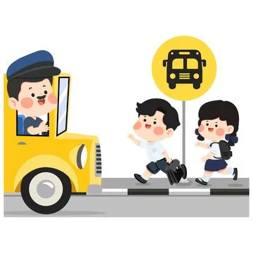 School bus driver greeting students at stop for education transport safety Stock Illustration