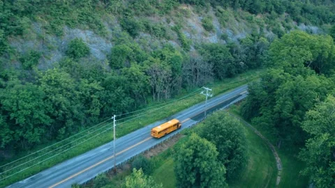 School bus driving on mountainous forest rural country road in the early morning Stock-Footage 202338361