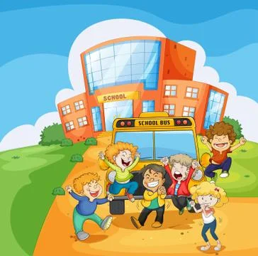 A school bus in front of the school Ilustración de archivo
