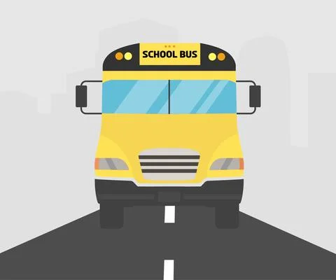 School bus front view, city landscape logo design. Back to school. Stock Illustration
