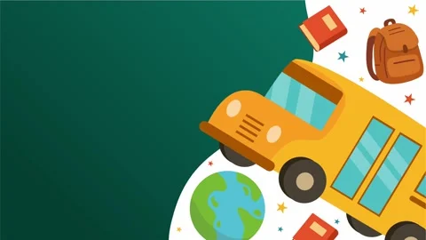 School bus globe and backpack flying school supplies Stock Footage 312003145