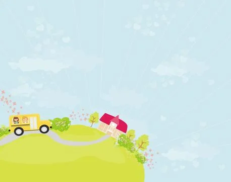 A school bus heading to school with happy children Stock Illustration
