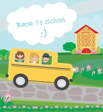 School bus heading to school with happy children Stock Illustration