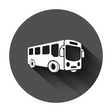 School bus icon in flat style. Autobus vector illustration on black round bac Stock Illustration