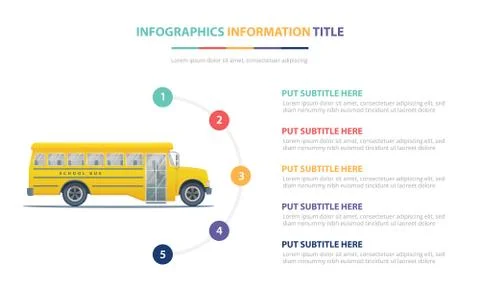 School bus infographic template concept with five points list and various col Stock Illustration