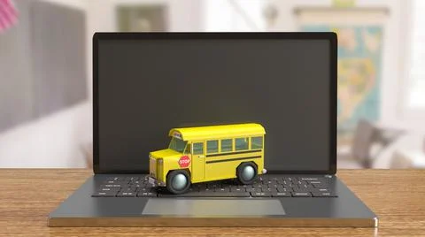 School bus on laptop for e learning concept 3d rendering Illustrazione stock