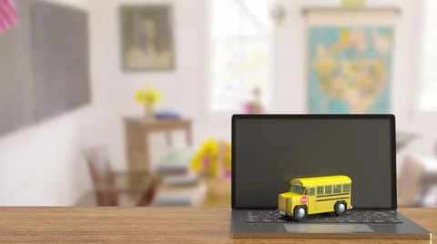 School bus on laptop for e learning concept 3d rendering Ilustração Stock