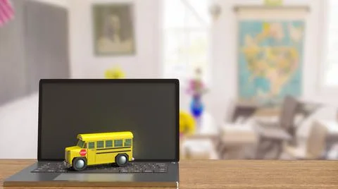 School bus on laptop for e learning concept 3d rendering イラスト素材