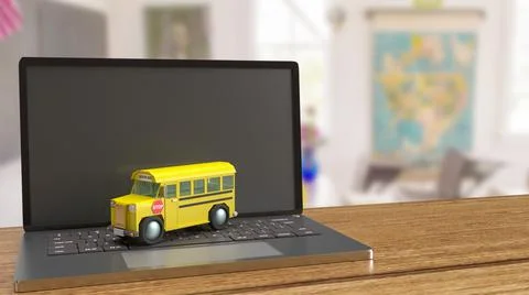 School bus on laptop for e learning concept 3d rendering Ilustração Stock