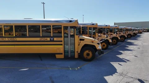 School Bus Lineup Back To School Aerial View Stock Footage 295152123