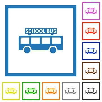 School bus with passengers side view flat framed icons Stock Illustration
