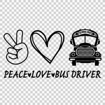School Bus Peace Typography Design sign hand heart line art Stock-Illustration
