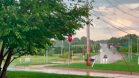 School Bus Pulls out into Street During Rain storm Stock Footage 252151207