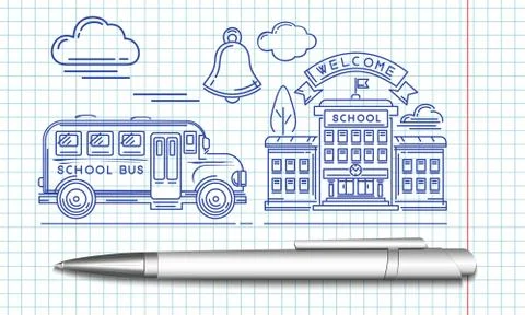 School bus pulls up to the school building Stock Illustration