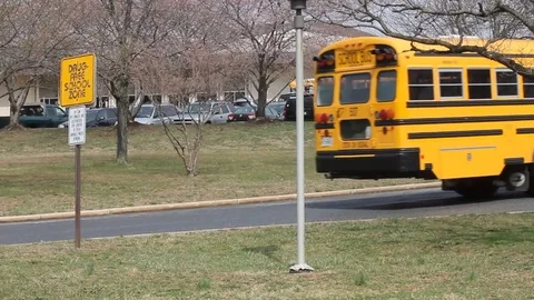 School bus on school grounds pulls away Stock Footage 73881473