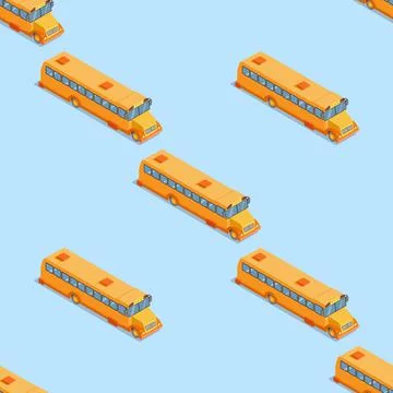 School bus seamless pattern on blue background. Stock Illustration